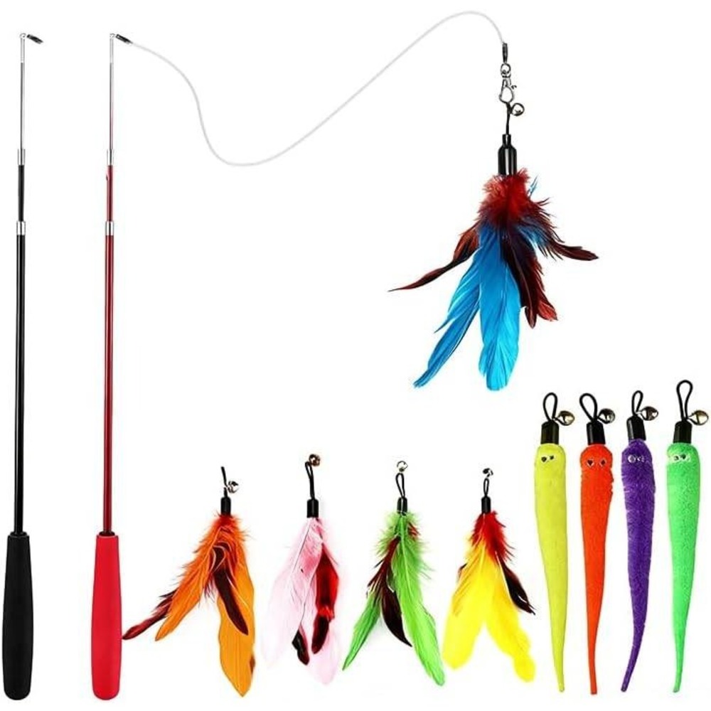Retractable Cat Wand Toy Set with 9 Interchangeable Feather and Worm Refills